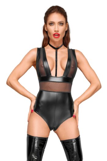 F183 Powerwetlook body avec larges bretelles, empiècements en tulle et tour de cou en velours